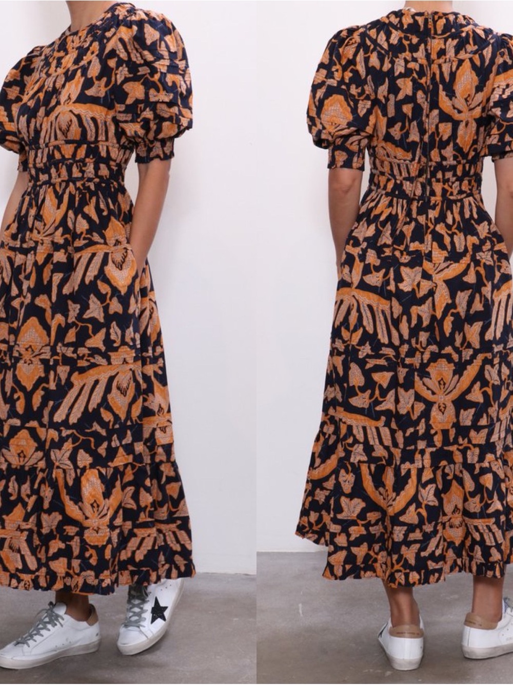 Ulla Johnson Indah Midnight Cotton Poplin Navy Blue Orange Midi Dress Size 6